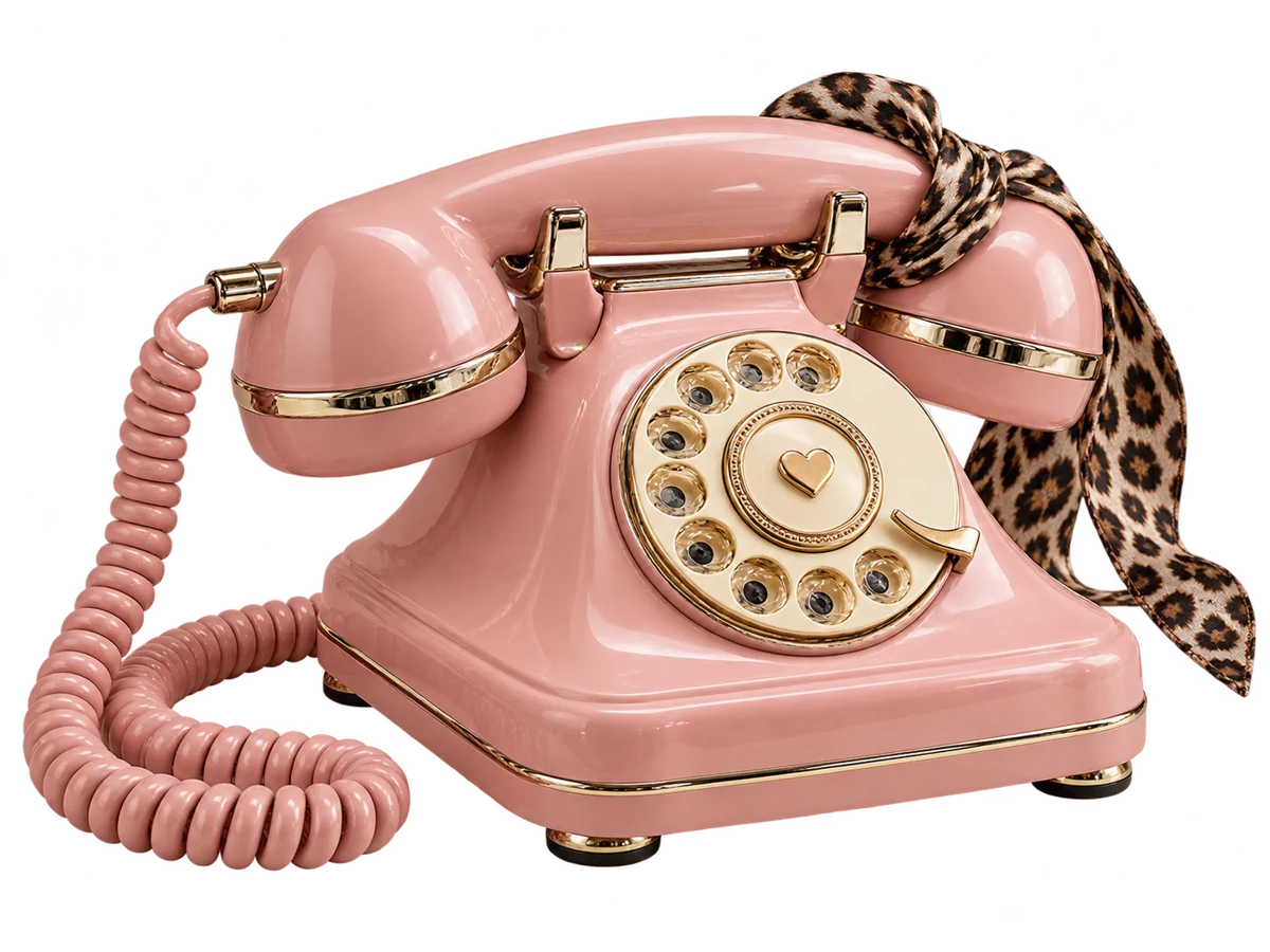 Pink vintage rotary phone with leopard ribbon and heart detail
